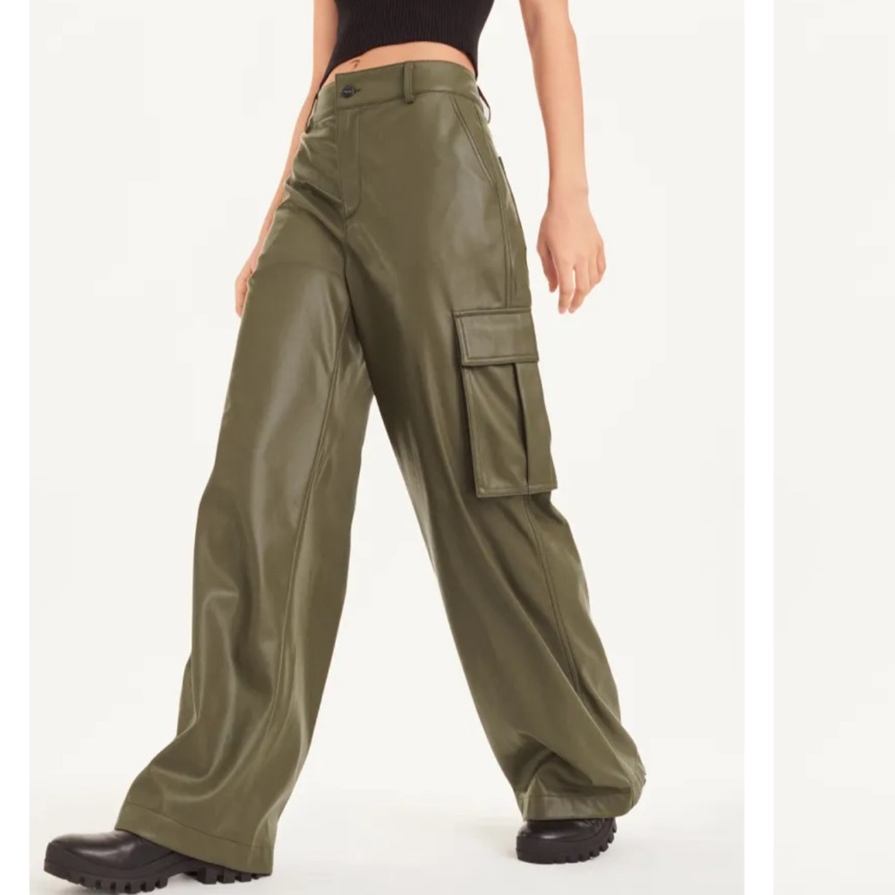 DKNY Faux Leather Cargo Pants in Olive